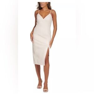 CALVIN KLEIN stony beige v-neck cream pleather Side-Slit Midi Dress‎ size 2 new